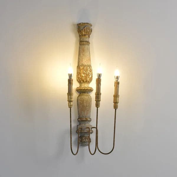 French Country 3-Light Wood Candle Wall Sconce Distressed Carved Design