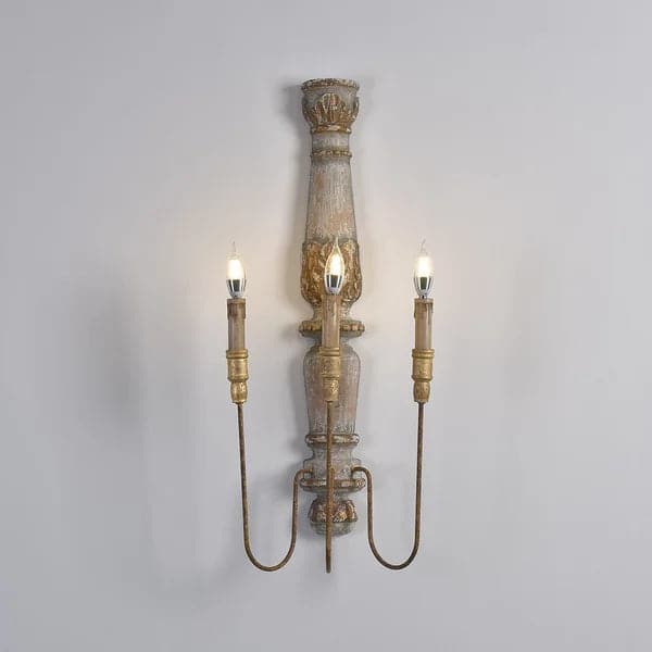 French Country 3-Light Wood Candle Wall Sconce Distressed Carved Design