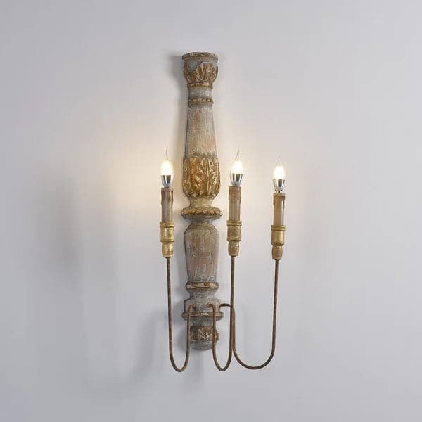 French Country 3-Light Wood Candle Wall Sconce Distressed Carved Design