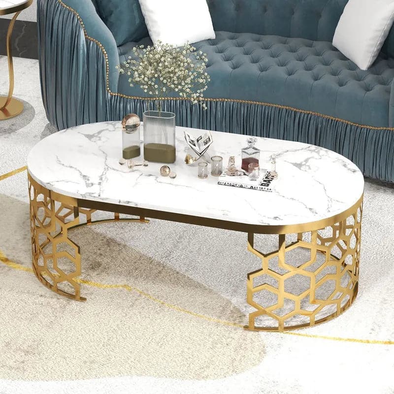 Glam Oval Coffee Table Marble Top with Stainless Steel Frame