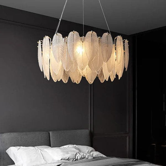 Glassi Modern Round 6-Light Tiered Frosted Feathers Glass Chandelier