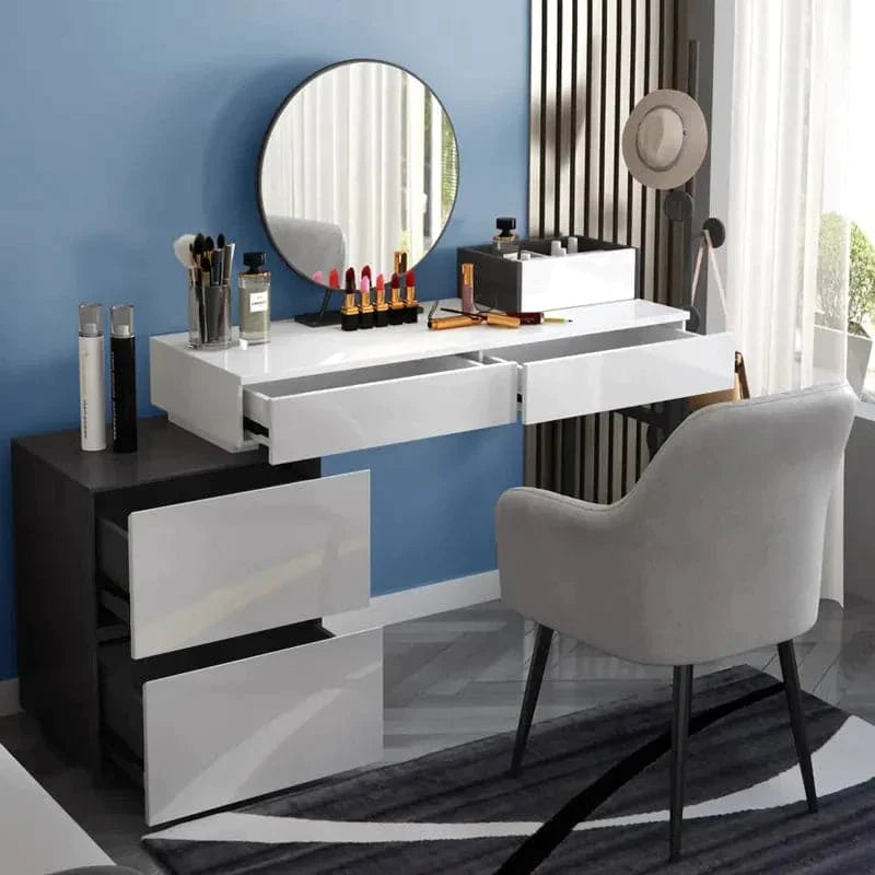 Glossy Black & White Extendable Makeup Vanity Dressing Table with Mirror & Side Cabinet