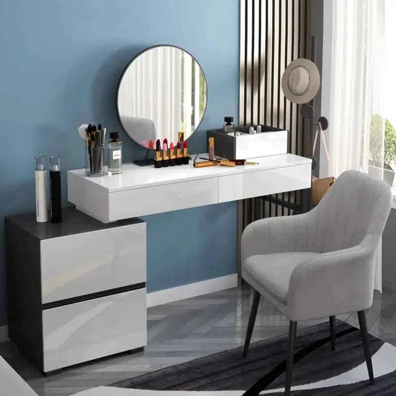 Glossy Black & White Extendable Makeup Vanity Dressing Table with Mirror & Side Cabinet