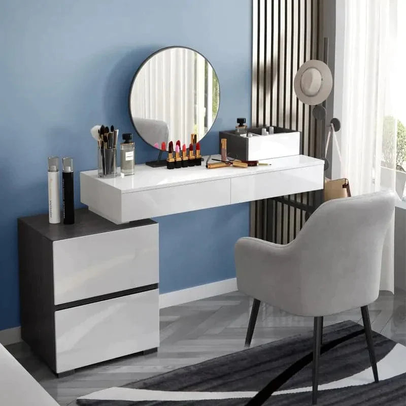 Glossy Black & White Extendable Makeup Vanity Dressing Table with Mirror & Side Cabinet