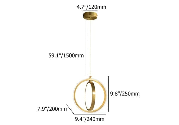 Gold Geometric Pendant Light 2-Ring LED Hanging Light in Brass