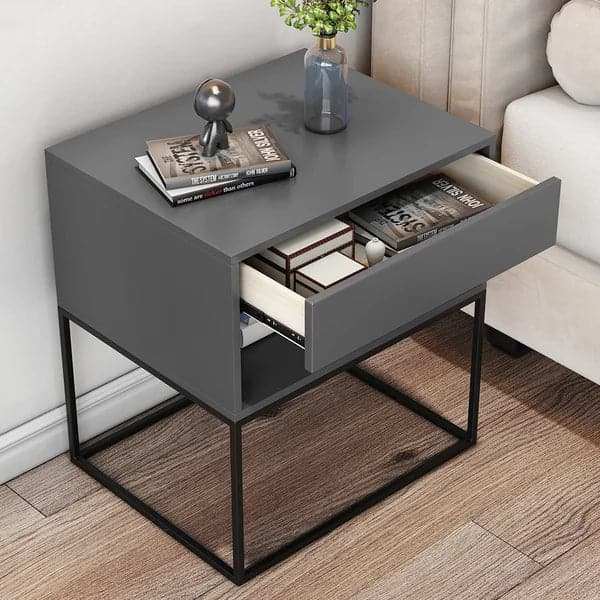 Gray Bedroom Nightstand with Drawer Bedside Table Metal Base