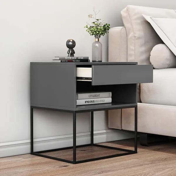 Gray Bedroom Nightstand with Drawer Bedside Table Metal Base