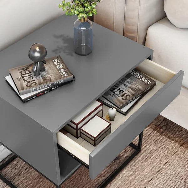 Gray Bedroom Nightstand with Drawer Bedside Table Metal Base