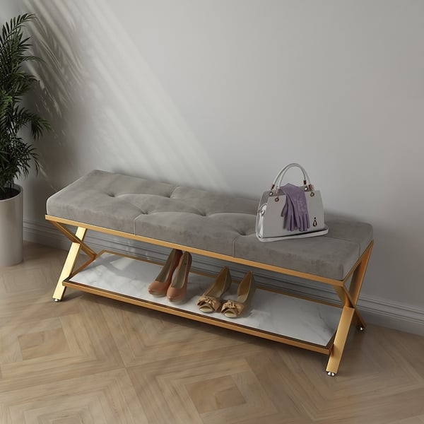 Gray Entryway Bench with Storage Bed Bench Velvet Upholstered with X-Shaped Base