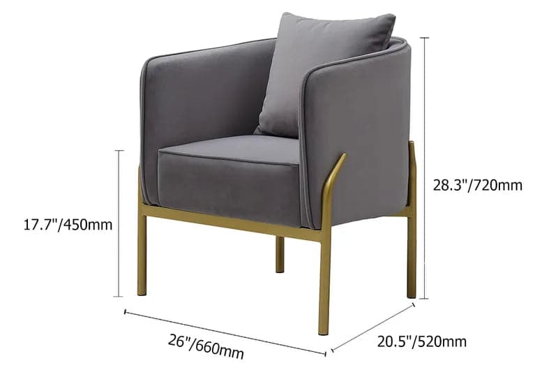 Gray Velvet Accent Chair Modern Upholstered Arm Chair with Gold Legs Pillow Included