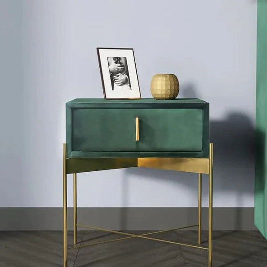 Green Bedroom Nightstand with Drawer Velvet Upholstered and Stainless Steel Base