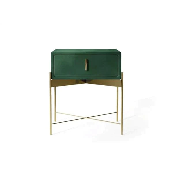 Green Bedroom Nightstand with Drawer Velvet Upholstered and Stainless Steel Base