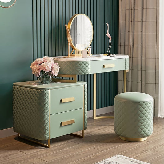 Green Makeup Vanity Set Expandable Dressing Table with Cabinet Mirror & Stool Included