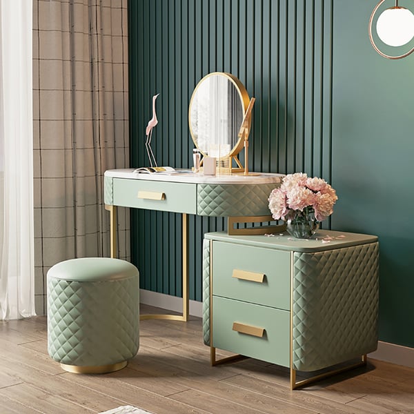 Green Makeup Vanity Set Expandable Dressing Table with Cabinet Mirror & Stool Included