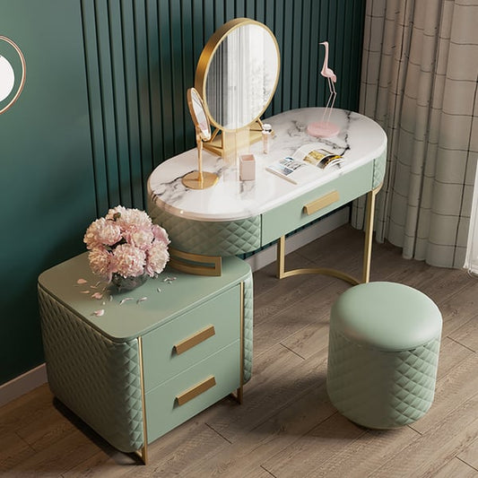 Green Makeup Vanity Set Expandable Dressing Table with Cabinet Mirror & Stool Included