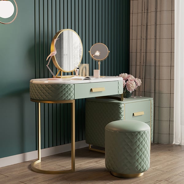 Green Makeup Vanity Set Expandable Dressing Table with Cabinet Mirror & Stool Included