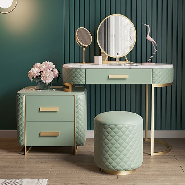 Green Makeup Vanity Set Expandable Dressing Table with Cabinet Mirror & Stool Included