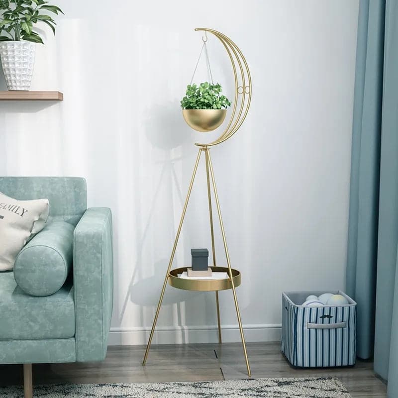 Half-Moon Plant Stand with Shelf in Gold Modern End Table