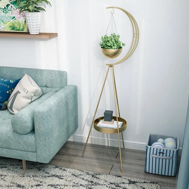 Half-Moon Plant Stand with Shelf in Gold Modern End Table