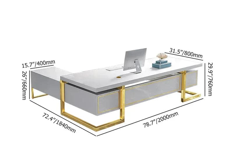 L-Shaped Modern Office Executive Desk of Right Hand with Storage in White & Gold