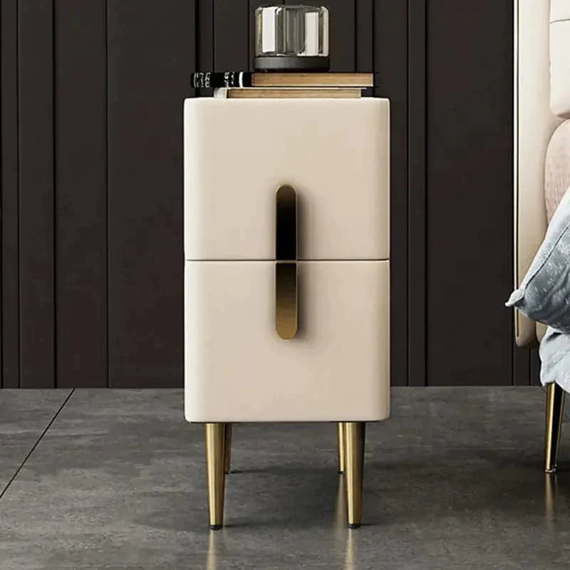 Beige Nightstand Bedside Table with 2 Drawers in Gold Legs, Minimalist