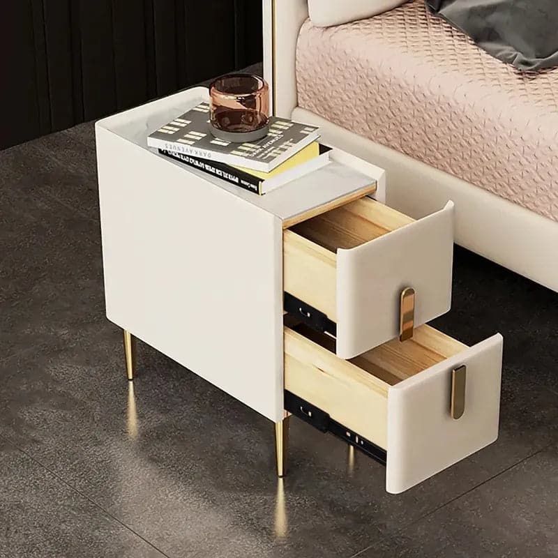 Beige Nightstand Bedside Table with 2 Drawers in Gold Legs, Minimalist