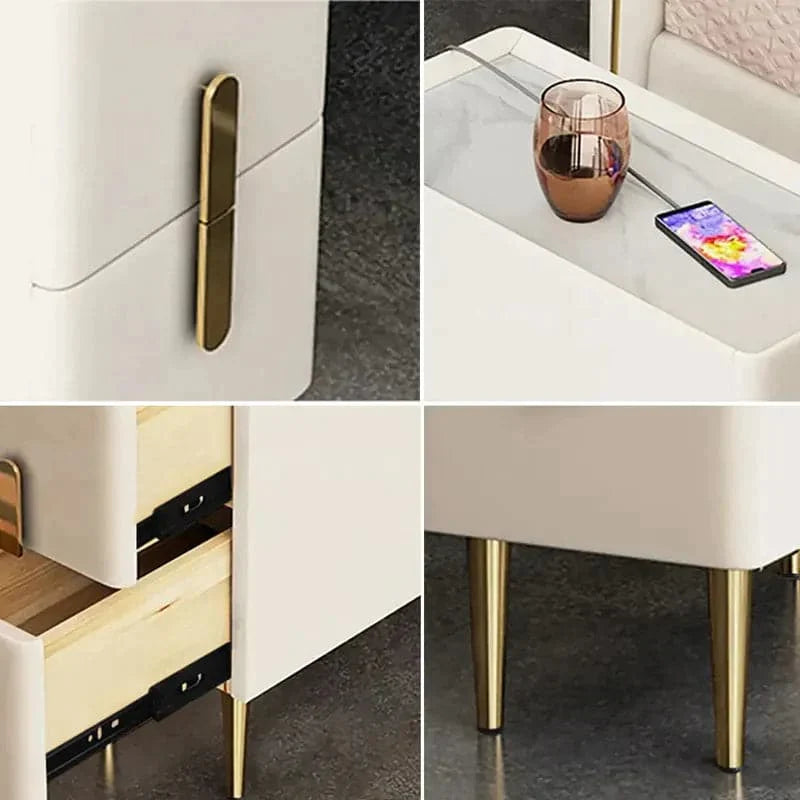 Beige Nightstand Bedside Table with 2 Drawers in Gold Legs, Minimalist