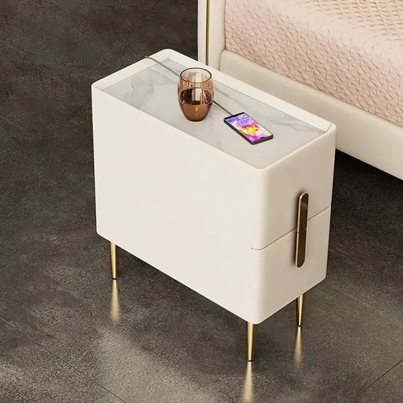 Beige Nightstand Bedside Table with 2 Drawers in Gold Legs, Minimalist