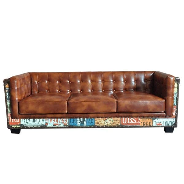 Industrial Loft 3-Seater Sofa Tufted Brown Faux Leather Upholstered Sofa