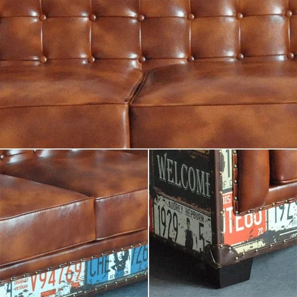 Industrial Loft 3-Seater Sofa Tufted Brown Faux Leather Upholstered Sofa