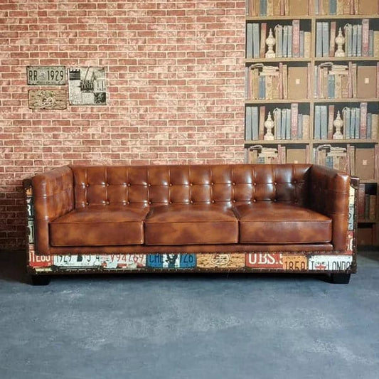 Industrial Loft 3-Seater Sofa Tufted Brown Faux Leather Upholstered Sofa