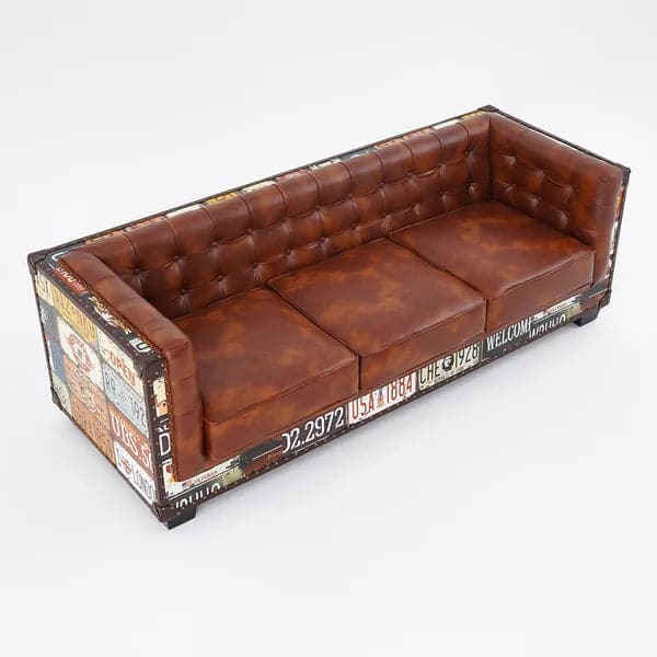 Industrial Loft 3-Seater Sofa Tufted Brown Faux Leather Upholstered Sofa