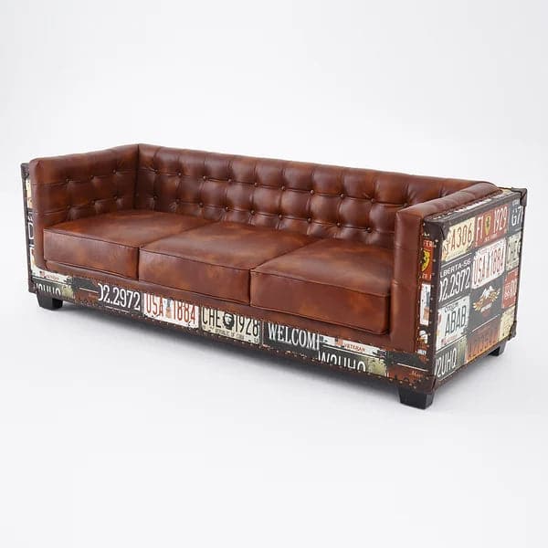 Industrial Loft 3-Seater Sofa Tufted Brown Faux Leather Upholstered Sofa