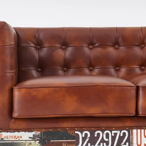 Industrial Loft 3-Seater Sofa Tufted Brown Faux Leather Upholstered Sofa