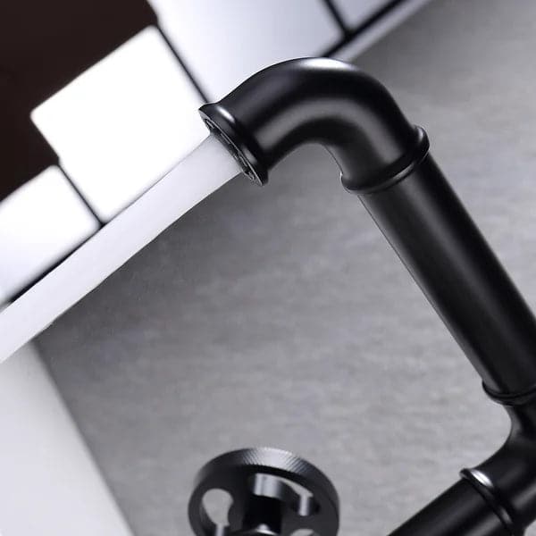 Industrial Pipe Matte Black 1-Hole Bathroom Sink Faucet Double Handles Solid Brass