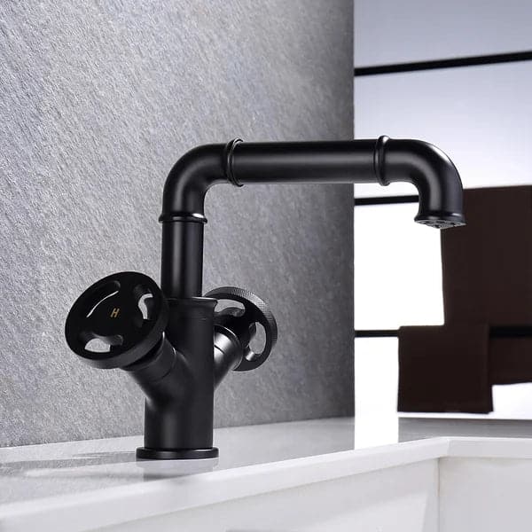 Industrial Pipe Matte Black 1-Hole Bathroom Sink Faucet Double Handles Solid Brass