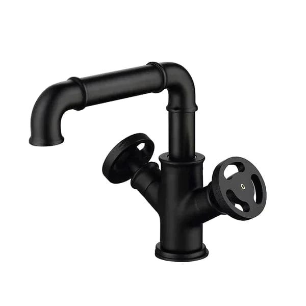 Industrial Pipe Matte Black 1-Hole Bathroom Sink Faucet Double Handles Solid Brass