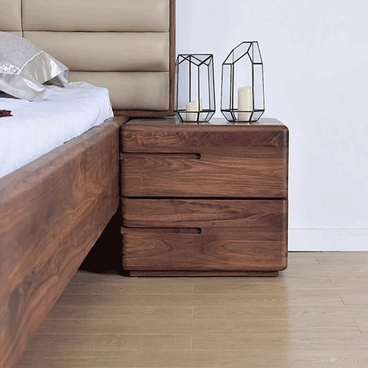 Japandi Minimalist Solid Wood Nightstand with 2 Drawers in Walnut