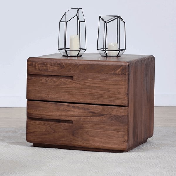 Japandi Minimalist Solid Wood Nightstand with 2 Drawers in Walnut