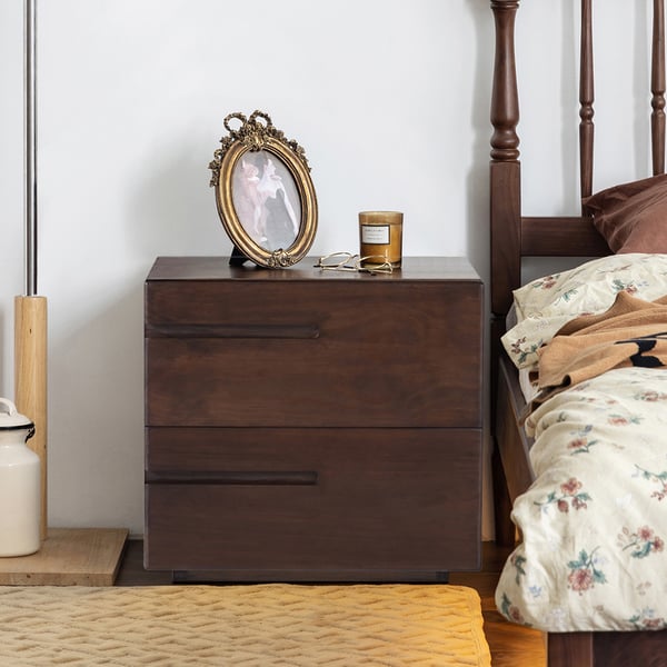 Japandi Minimalist Solid Wood Nightstand with 2 Drawers in Walnut