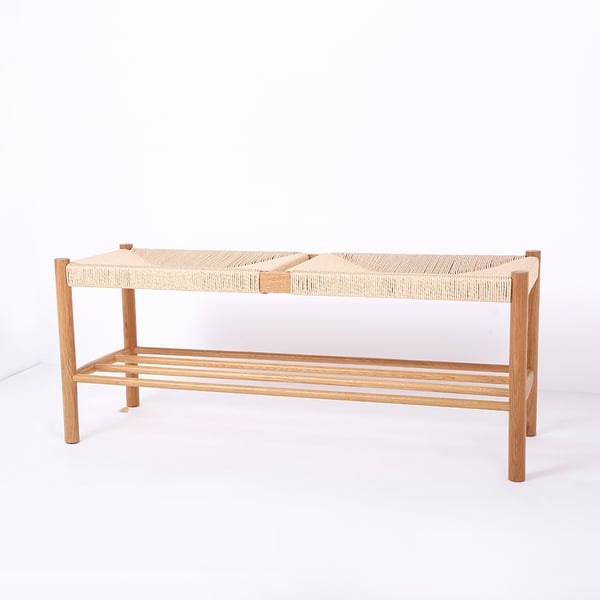 Japandi Natural Dining Room Bench Rattan Bench with Wood Legs