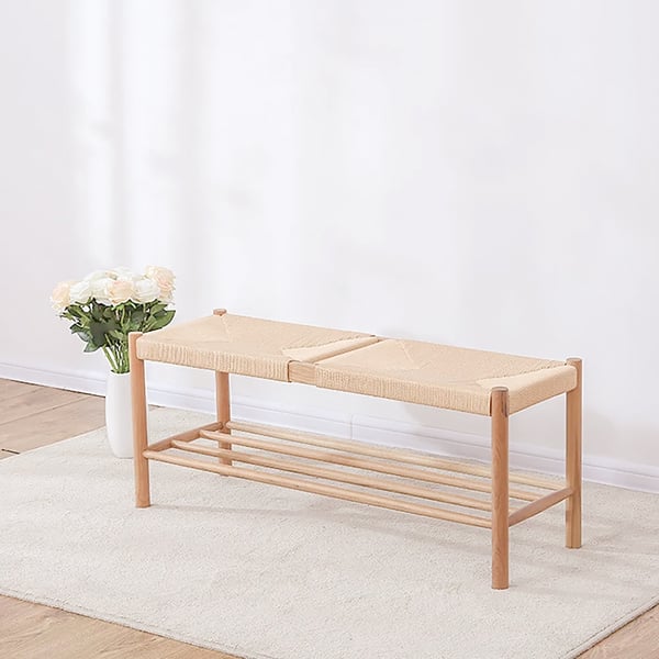 Japandi Natural Dining Room Bench Rattan Bench with Wood Legs