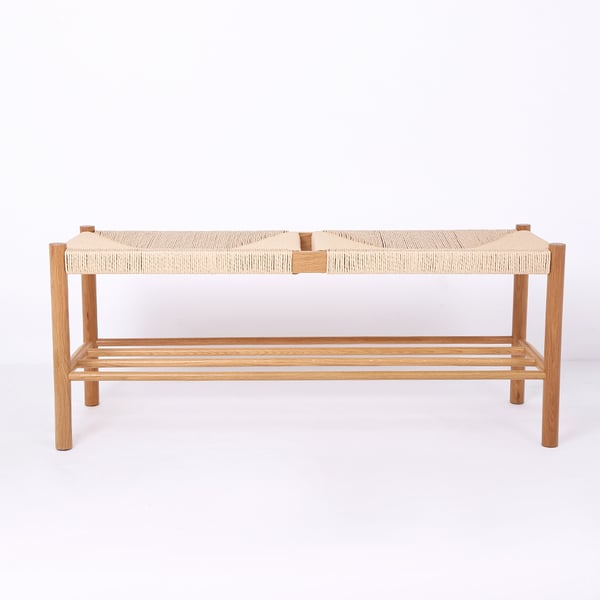 Japandi Natural Dining Room Bench Rattan Bench with Wood Legs