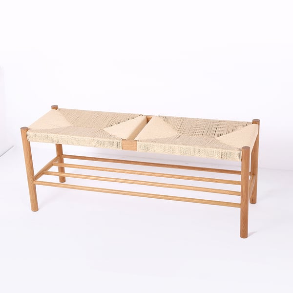 Japandi Natural Dining Room Bench Rattan Bench with Wood Legs