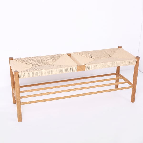 Japandi Natural Dining Room Bench Rattan Bench with Wood Legs