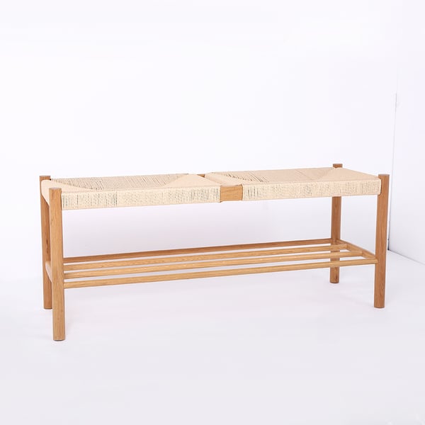 Japandi Natural Dining Room Bench Rattan Bench with Wood Legs