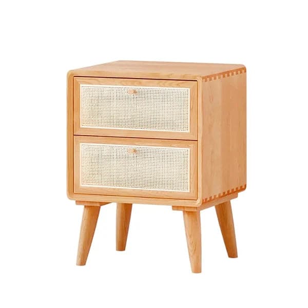 Japandi Natural Rattan Nightstand Solid Wood Bedside Table with 2 Drawers