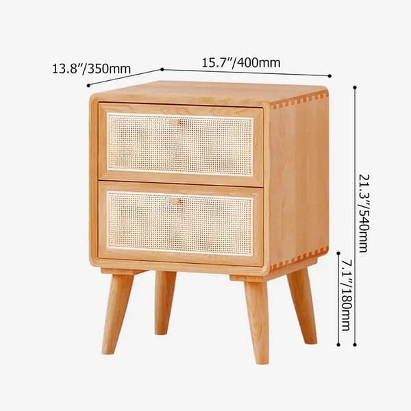 Japandi Natural Rattan Nightstand Solid Wood Bedside Table with 2 Drawers