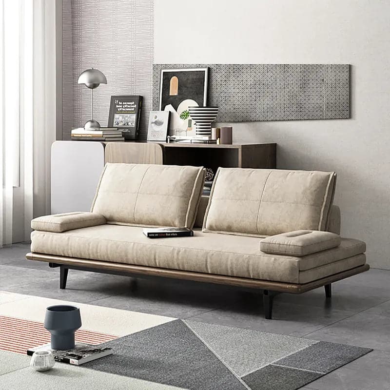 Japandi Pull Out Sofa Bed Khaki Wood Convertible Sleeper Sofa Cotton & Linen