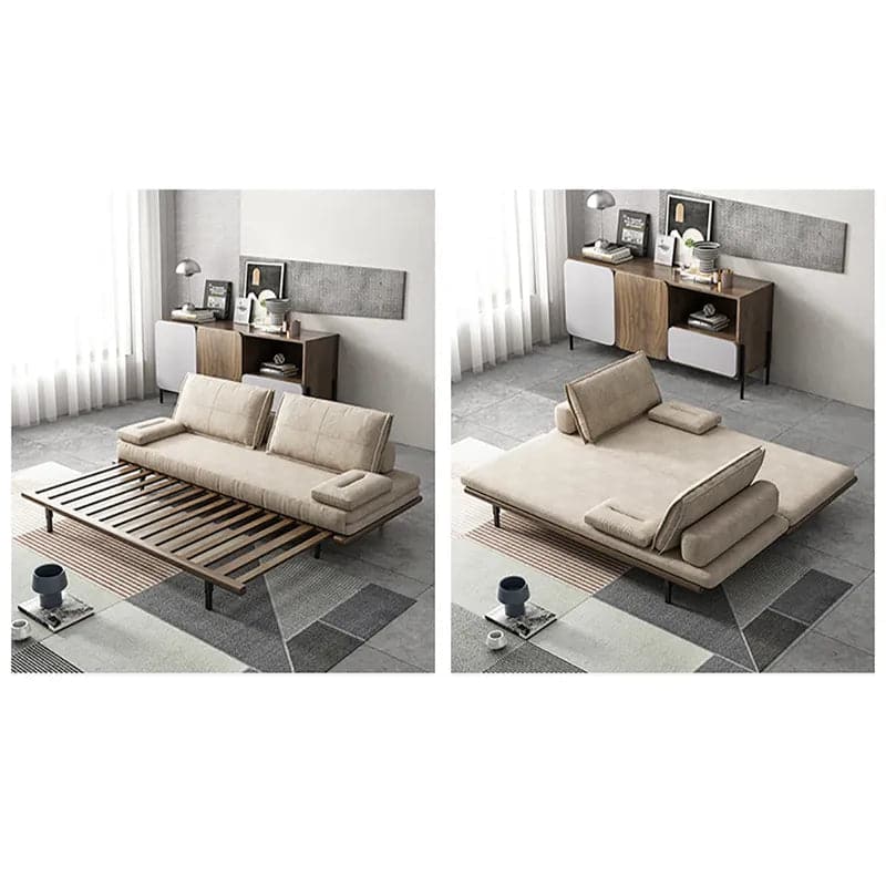 Japandi Pull Out Sofa Bed Khaki Wood Convertible Sleeper Sofa Cotton & Linen